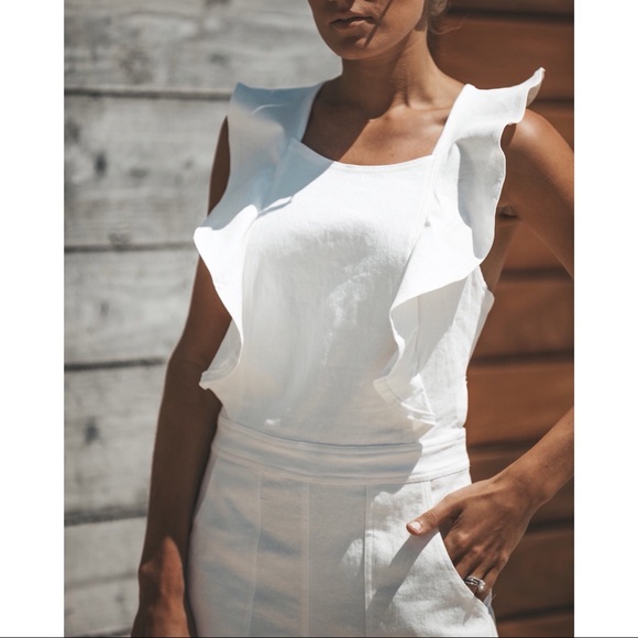 White Denim Ruffle Open Back Jumpsuit - Picture 8 of 8
